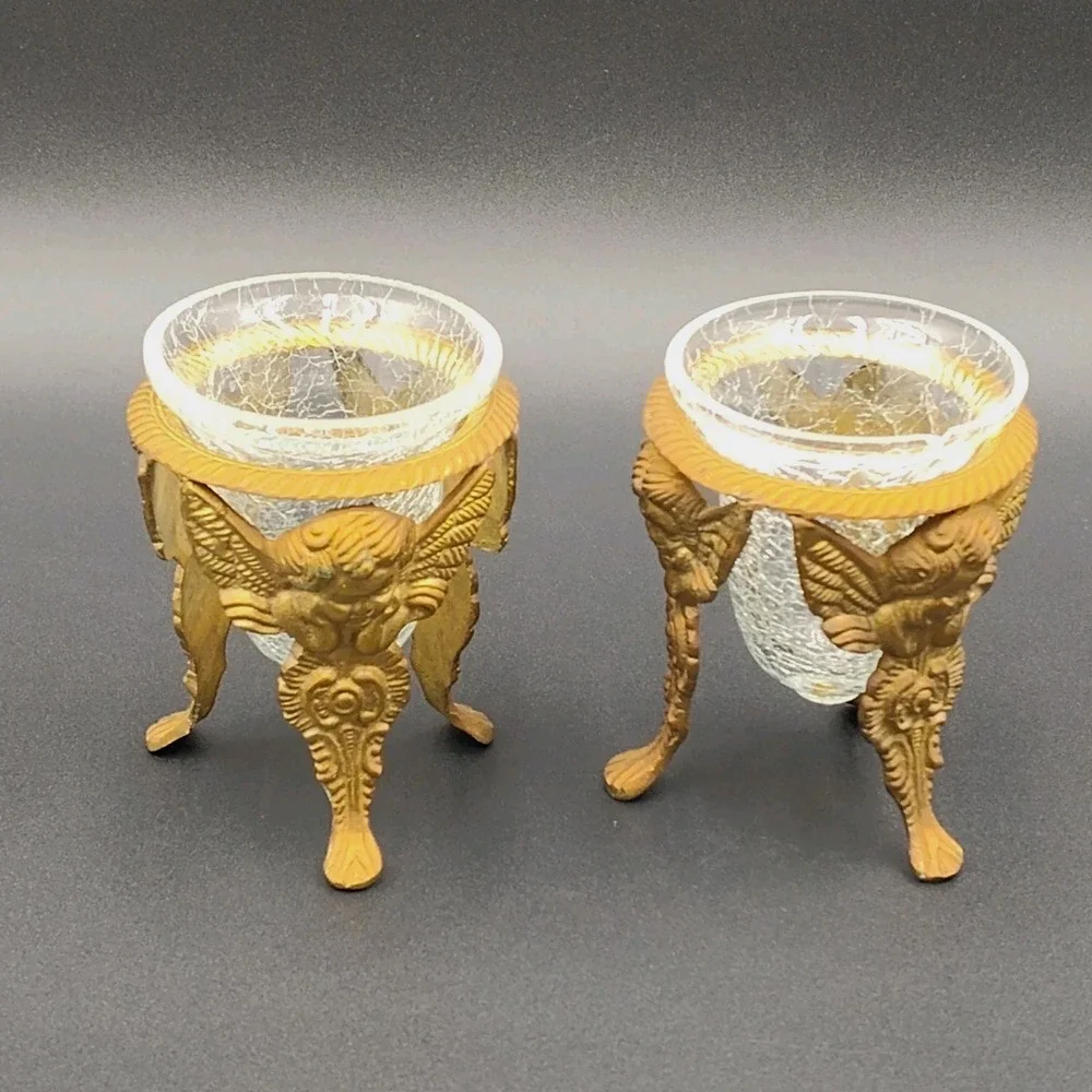 ✅📸Set-2 Brass Angel Footed Holder Vintage Cups Glass Candle Stand Orb India📏👀